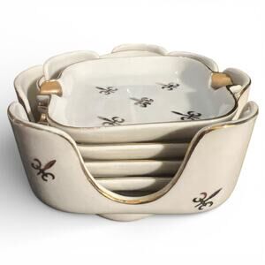Vintage Lefton - Hand Painted Fleur de Lis Nesting Personal Ashtrays #NE2124